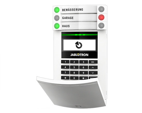 Funk-Zugangsmodul mit Display, Tastatur, RFID-Lesegerät und 1 Bediensegment, mit Batterien, in Reinweiß, optionales Bediensegment JA-192E-WH